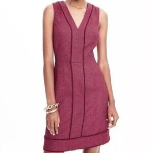 Banana Republic Sheath Dress Wine Red 16 Herringbone‎ V Neck Fringe Wool Blend